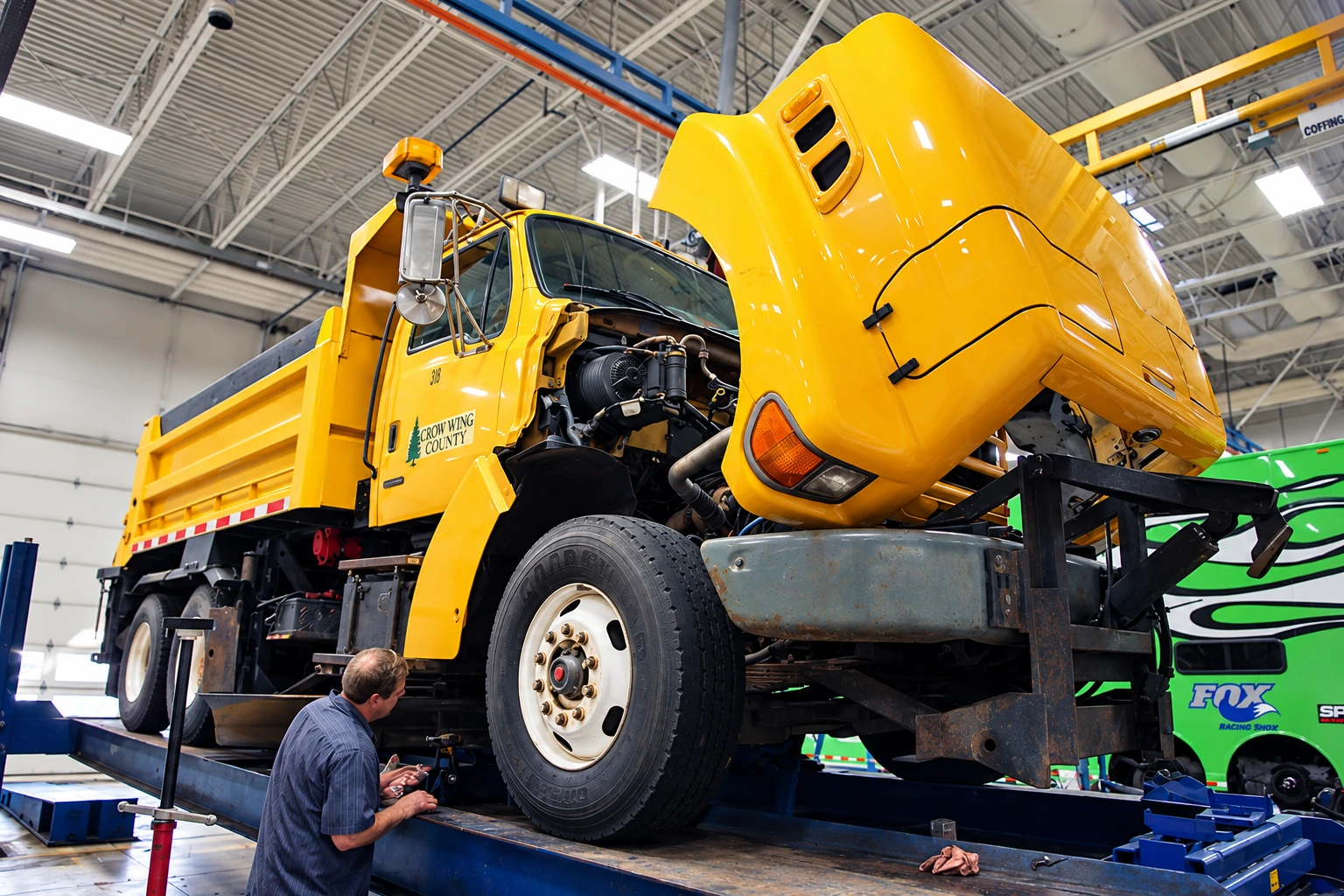 Yellow dump truck being serviced in the Mills service bay